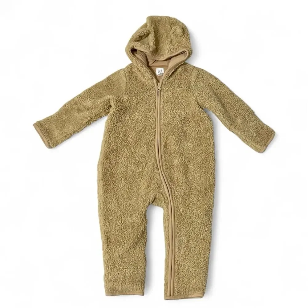 Baby Gap Teddy Sherpa One Piece 6 To 12 Mo Brown Bear Ear Appliqué Hood Cozy